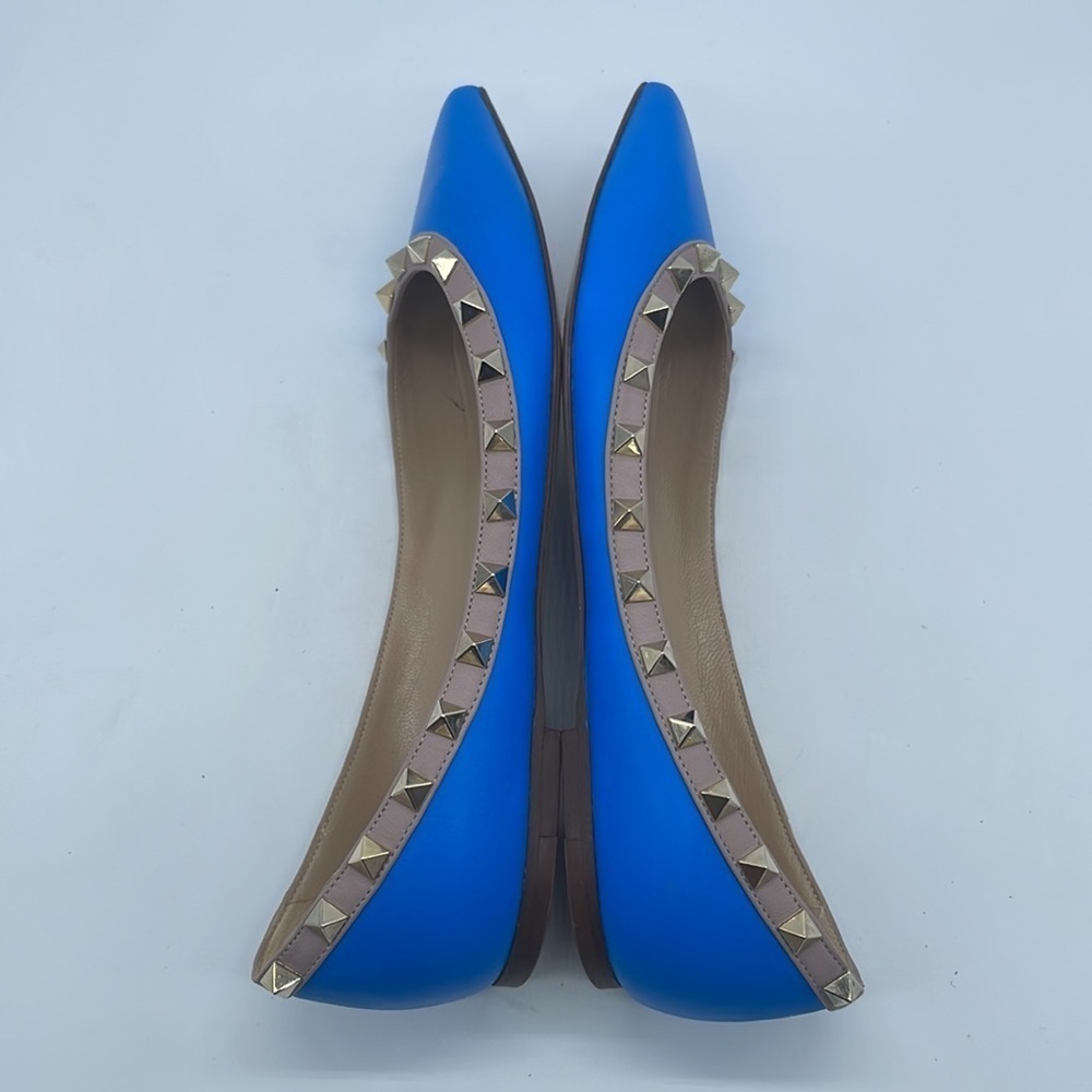 Valentino Garavani Blue leather beige trim Rockstud Ballerina flats 37.5 - Picture 6 of 12